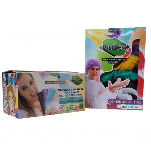 Combo Colors Máscara Tripla Cirúrgica e Touca Sanfonada Protdesc