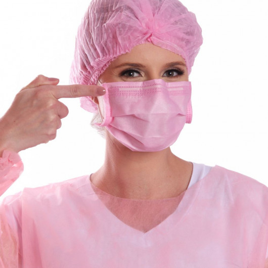 Máscara Tripla Cirúrgica ProtDesc com Elástico cx 50 unidades Rosa