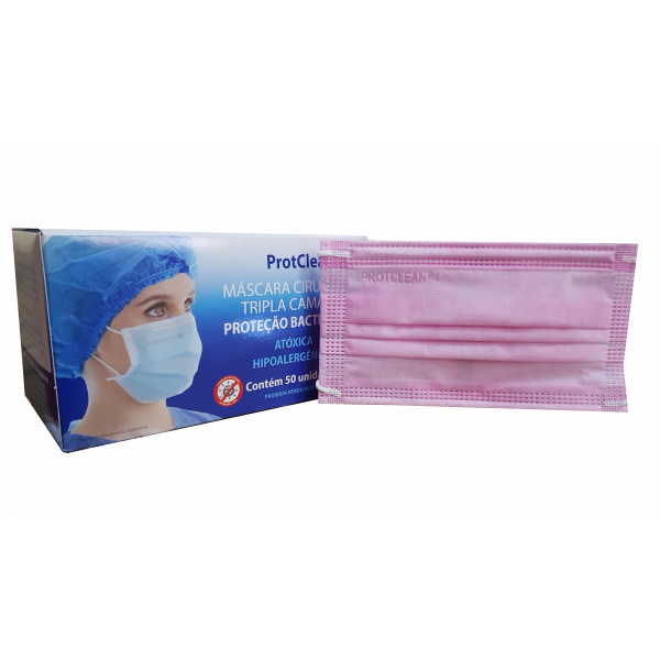 Máscara Tripla Cirúrgica ProtClean com Elástico cx 50 unidades Rosa