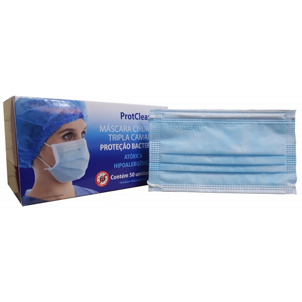 Máscara Tripla Cirúrgica ProtClean com Elástico cx 50 unidades Azul